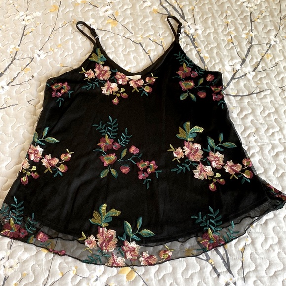 Willow Tops - Black Tanktop with Sheer Floral Stitch